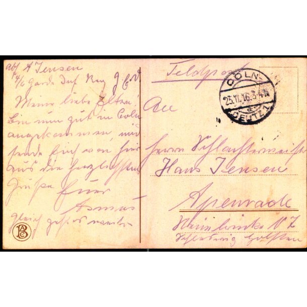 Feldpost - Coln - 25 - 11 - 16 - Til Apenrade - Forside - Coeln