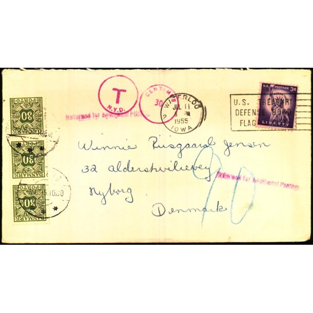 Efterporto - Brev fra U.S.A.   11 - 7 - 1955 - Efterporto  90 re