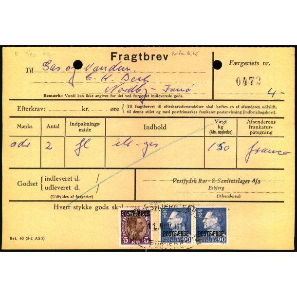 Fragtbrev - 5 Kr. Chr. X og 2 x 90 re Fr. IX Prov  - Fra Esbjerg til Fan 11. Nov. 1971 -