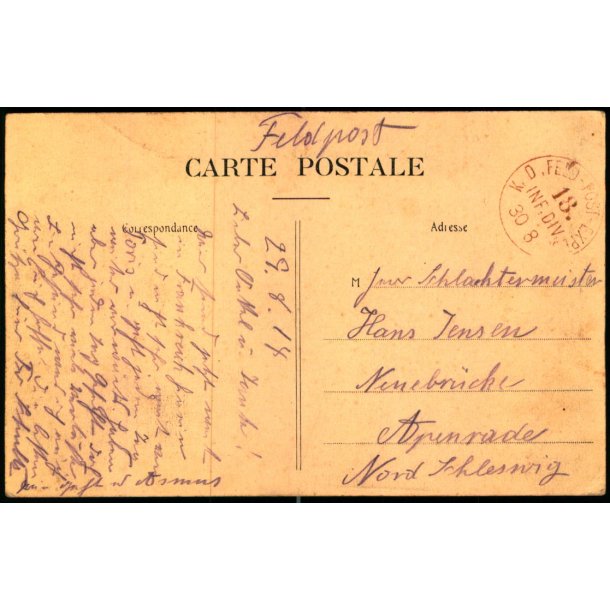 Feldpost - K.D. Feld -post -xped.   30 -8 -18 - Til Apenrade - Billedside : Pontruet