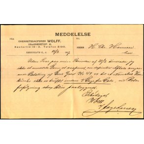 Meddelelse fra Overretssagf�rer Wolff - K�benhavn K - 1897