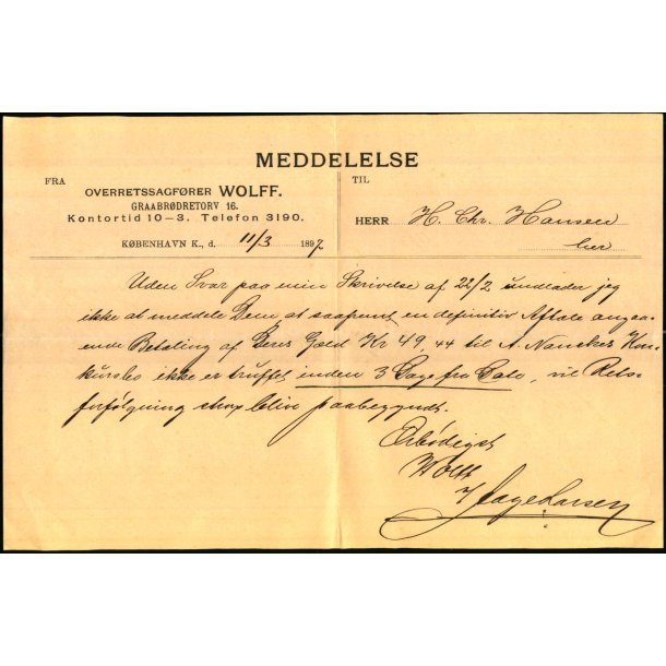 Meddelelse fra Overretssagf�rer Wolff - K�benhavn K - 1897