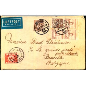 Luftpost Brev (Forside) fra Belgien til Danmark  - 8 - 2 - 37 - Efterporto 30 c.