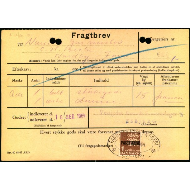 Fragtbrev -  1kr Rigsvben Prov.  - Fra Esbjerg til Fan 16. Sept.. 1964