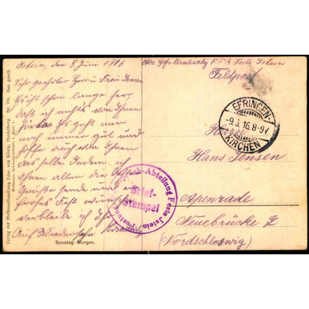 Feldpost - Efringen - Kirchen 9 - 3 - 16  - Til Apenrade - Billedside : Sonntag-Morgen.