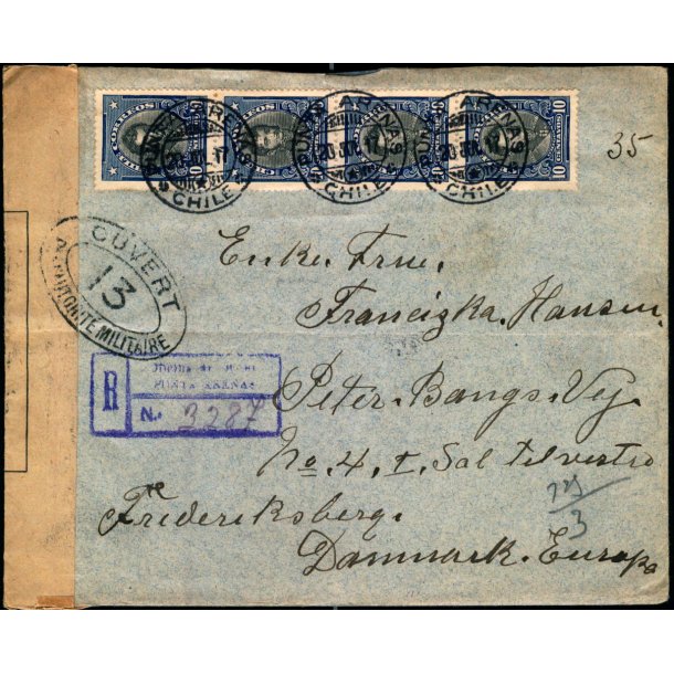 Rekomanderet Censurbrev fra Chile  20 - 7 - 17 - Til Frederiksberg