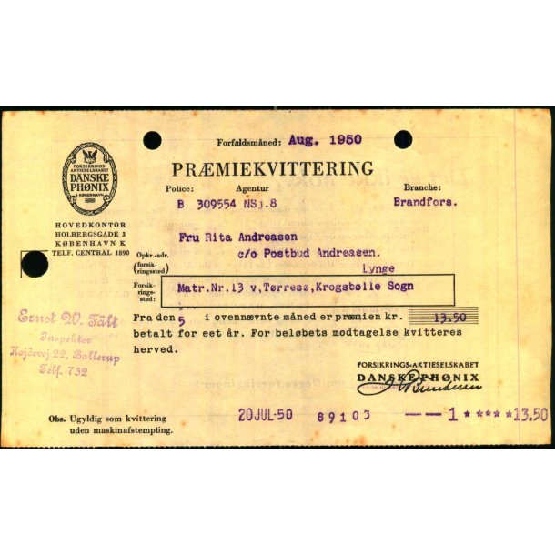 Danske Ph�nix - Pr�miekvittering - 1950
