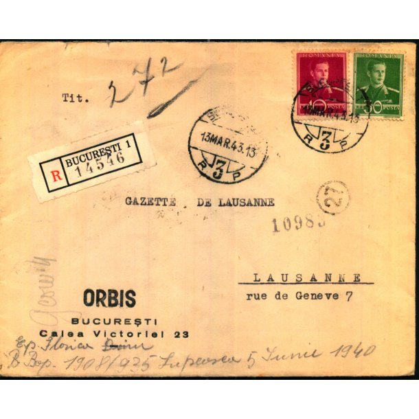 Rekomanderet - Censurbrev fra Rumnien  13 - 13 - 43 - Til Lausanne