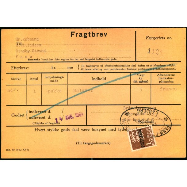  Fragtbrev -  1kr Rigsvben Prov.  - Fra Esbjerg til Fan 14. Aug. 1964