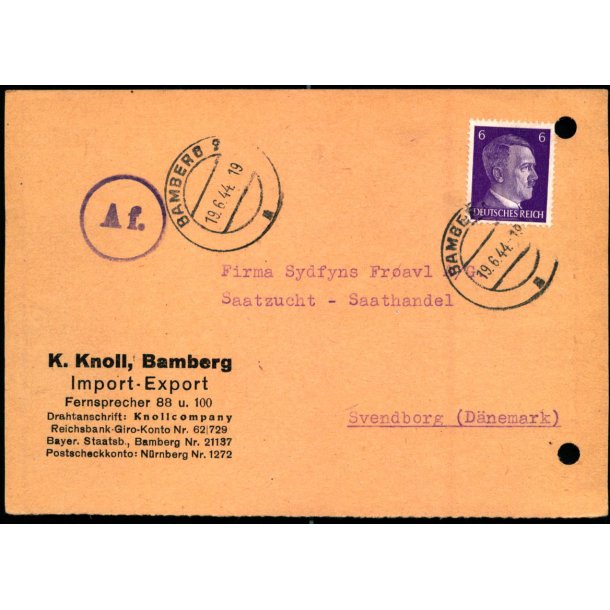 Censurpostkort fra Tyskland  19 - 6 - 44 - Til Svendborg