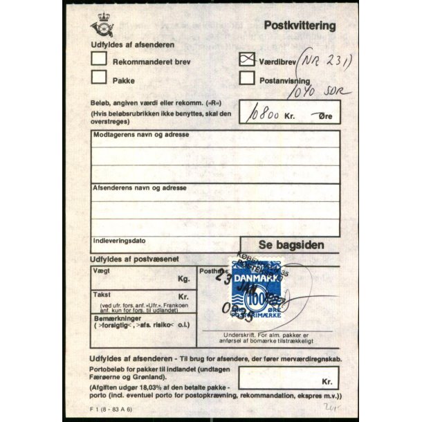 Postkvittering - Vrdibrev - 23 - 1 - 87