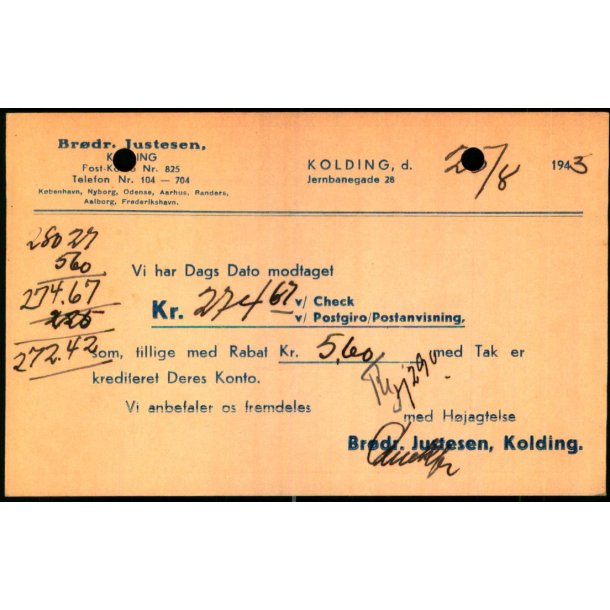 Brdr.Justesen - Kolding - u/n - Ubrugt - Arkivhuller !