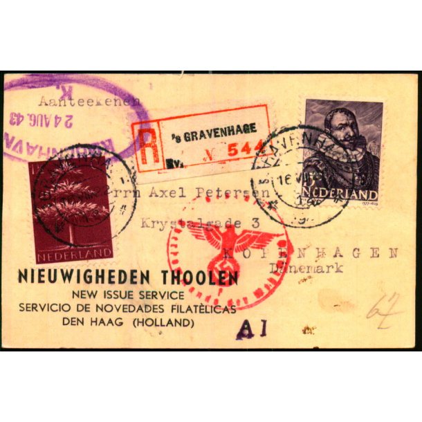 Rekomaderet - Censurpostkort fra Holland  16 - 8 - 43 - Til Danmark