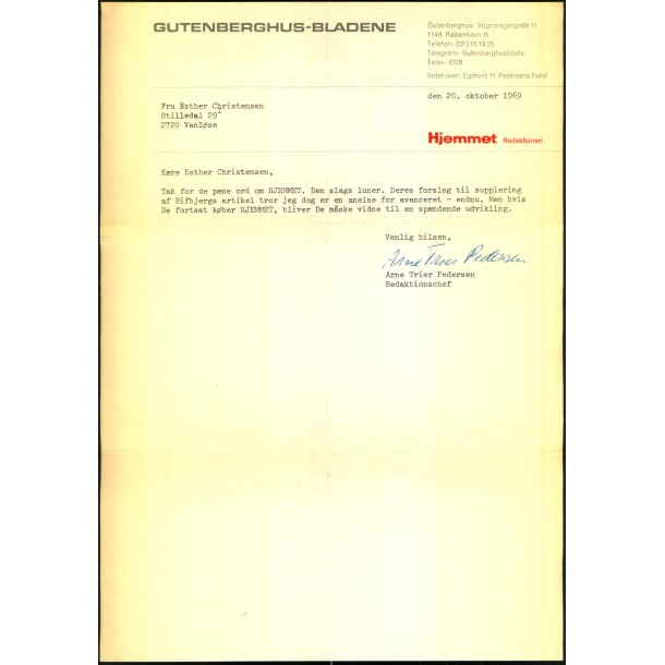 Autograf - Brev fra Arne Trier Pedersen - 1969