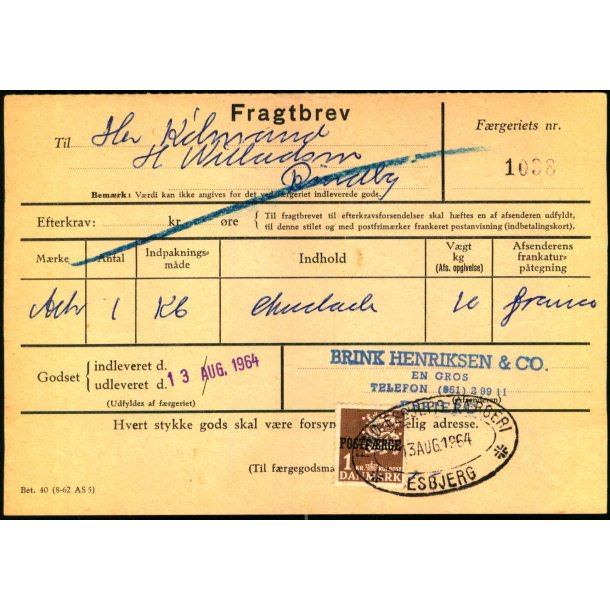 Fragtbrev -  1kr Rigsvben Prov.  - Fra Esbjerg til Fan 13. Aug. 1964