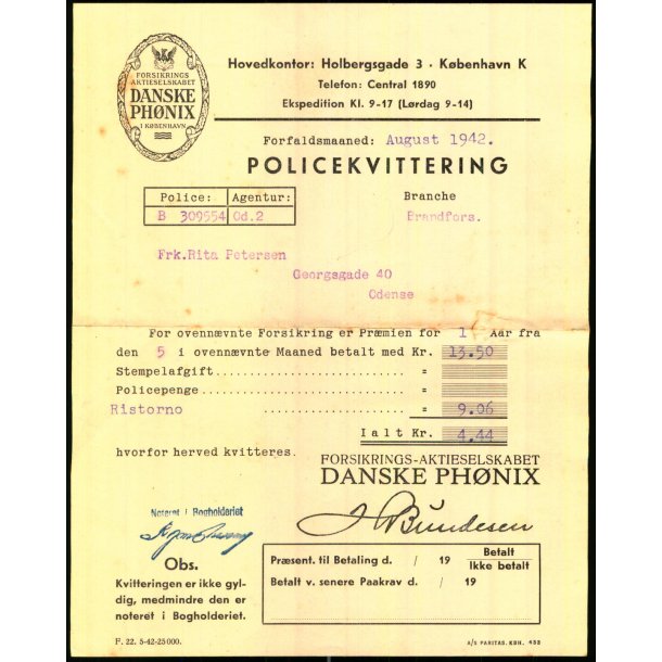 Danske Ph�nix - Pr�miekvittering - 1942