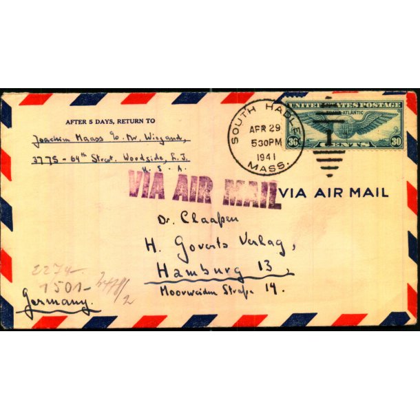 Luftpost - Censurbrev fra U.S.A.  29 - 5 - 41 - Til Hamburg