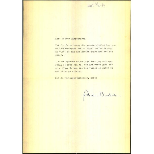 Autograf - Brev fra Anders Bodelsen - 1969