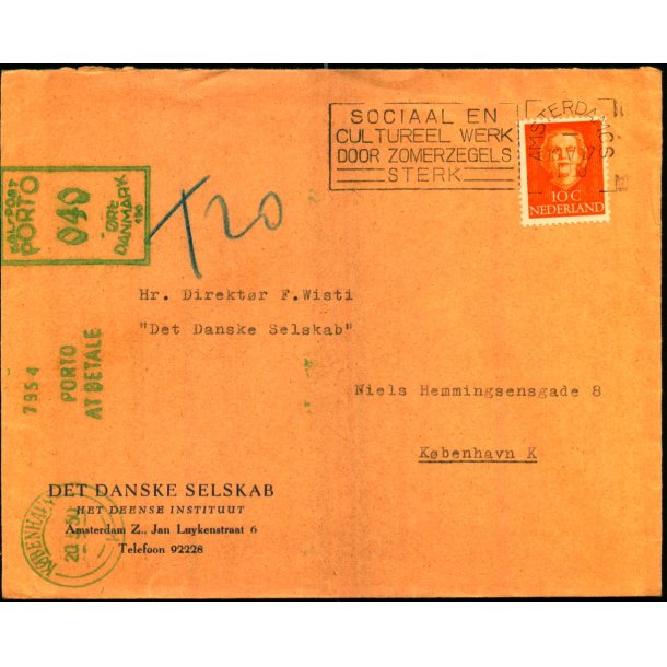 Efterporto - Brev fra Holland  16 - 5 - 1950 - Efterporto 40 re