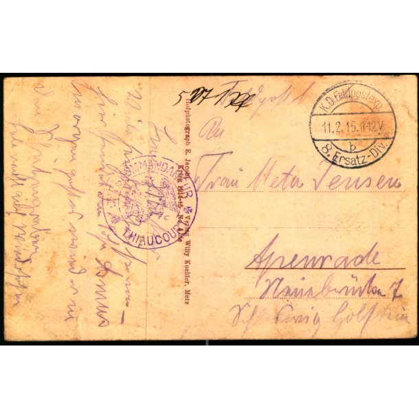 Feldpost - K.D. Feldpostxped.   11 -2 -15 - Til Apenrade - Billedside : Bouillonville