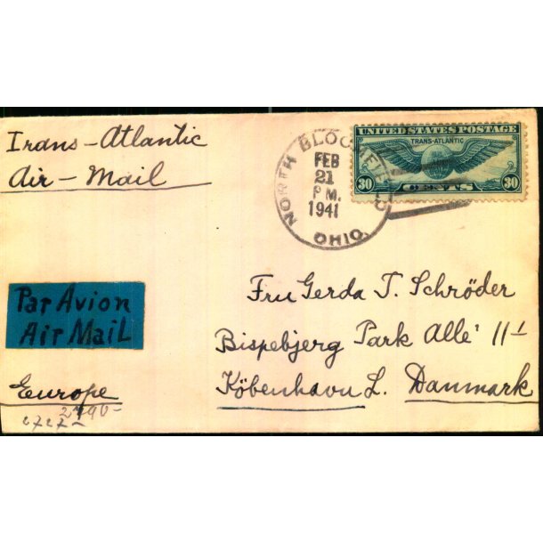 Luftpost Censurbrev fra U.S.A.  til Kbenhavn - 21  - 2 - 41 - T