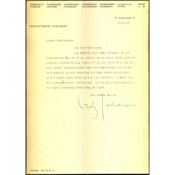 Autograf - Brev fra Rudolf Broby Johansen - 1969