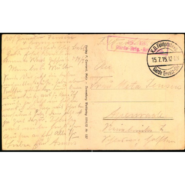 Feldpost - K.D. Feldpostxped.   15 -7 -15 - Til Apenrade - Billedside : St. Julien