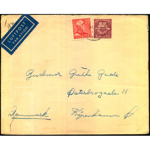 Luftpost - Censurbrev fra Sverige  24 - 1 - 43 - Til Kbenhavn