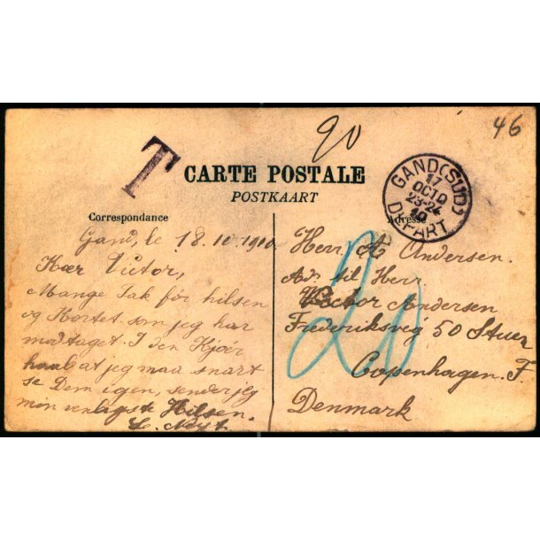 Efterporto - Postkort fra Belgien til Danmark  18 - 10 - 1900