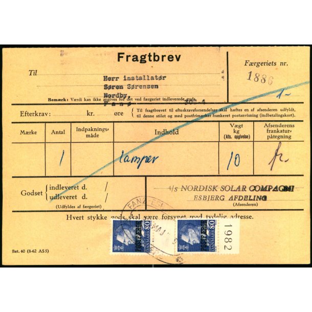 Fragtbrev - 2x 80 re Fr IX  Prov.  - Fra Esbjerg til Fan 31. Maj ?