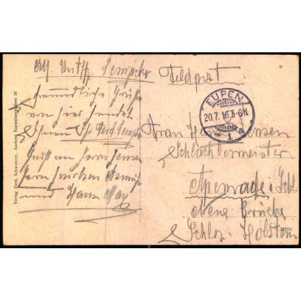 Feldpost - Eupen   20 -7 -16 - Til  Apenrade - Billedside : Herbestal