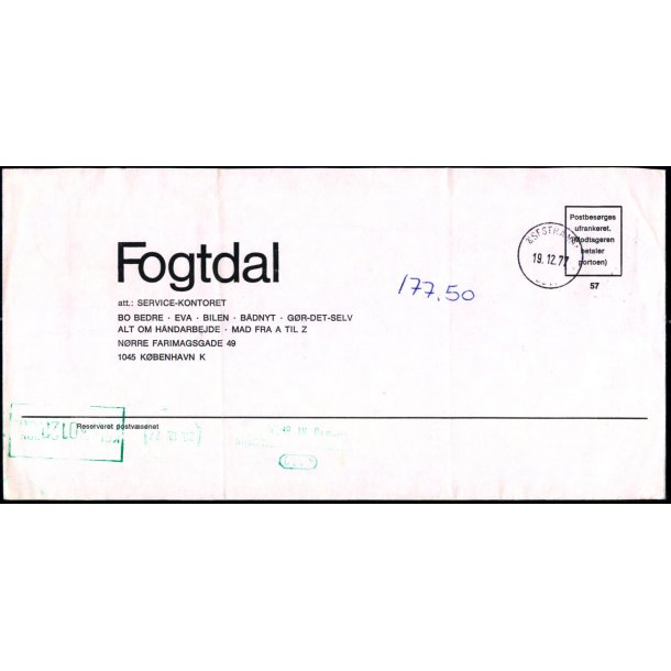 Efterporto - Ufrankeret Brev til Kbenhavn K.  - 19 - 12 - 77