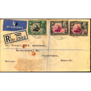 Luftpost Rekommanderet Brev fra Kenya til Danmark - 7 - 11 - 1936
