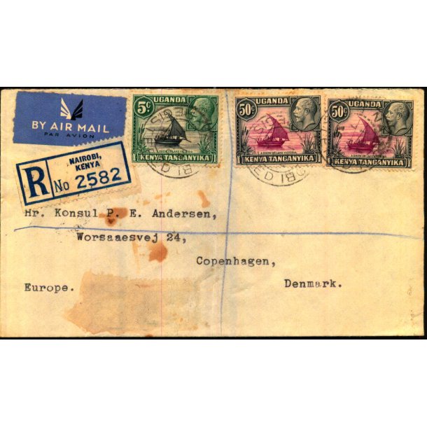 Luftpost Rekommanderet Brev fra Kenya til Danmark - 7 - 11 - 1936