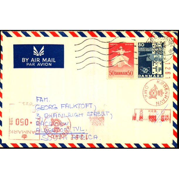 Luftpost / Efterporto - Brev fra Danmark til Syd Africa -   22 - 6 - 1966 - Efterporto 50 re