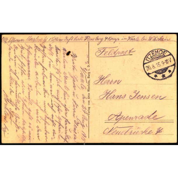 Feldpost - Itzehoe   30 -8 -15 - Til  Apenrade - Billedside :  Hoichdonn