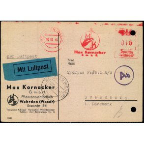 Luftpost  Censurpostkort fra Tyskland  20 - 10 - 43 - Til Svendborg