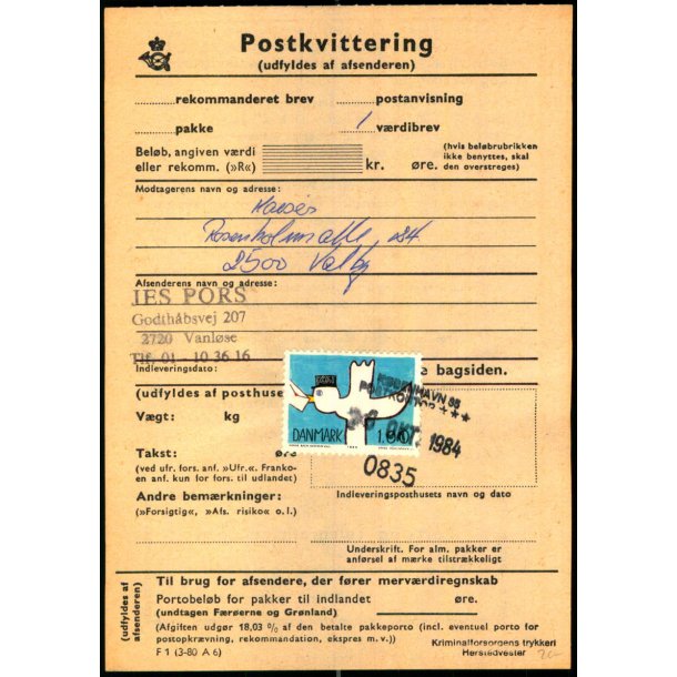 Postkvittering - Vrdibrev - 26 - 10 - 84