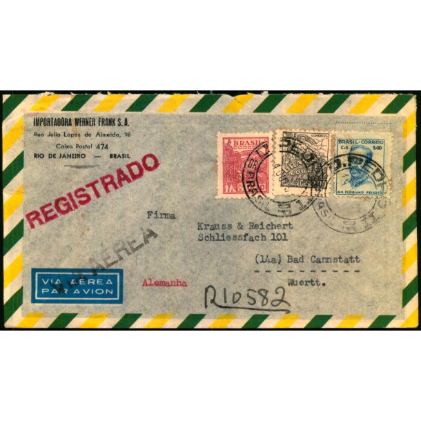 Luftpost Rekommanderet  Brev fra Brasilien til Tyskland - 14 - 10 - 52