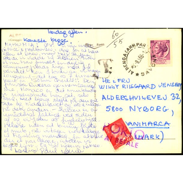 Efterporto - Postkort fra Italien  5 - 8 - 1968 - Efterporto 60 re.