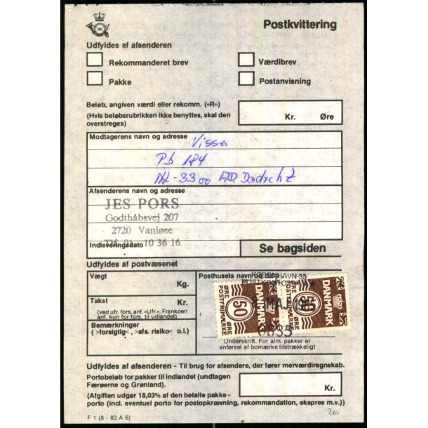 Postkvittering - 8 - 5 - 85