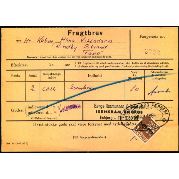 Fragtbrev -  1kr Rigsvben Prov.  - Fra Esbjerg til Fan 28. Juli 1964
