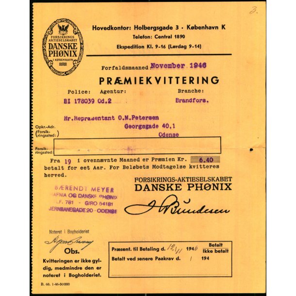 Danske Ph�nix - Pr�miekvittering - 1946
