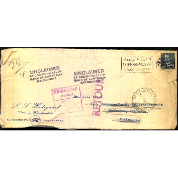 Returbrev sendt til Australien 1950 - Retur til Danmark 15 - Dec. 1950 - Rift !