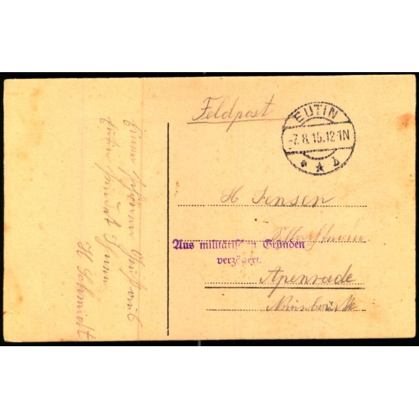 Feldpost - Eutin  7 - 8 - 15  - Til  Apenrade - Billedside : Eutin