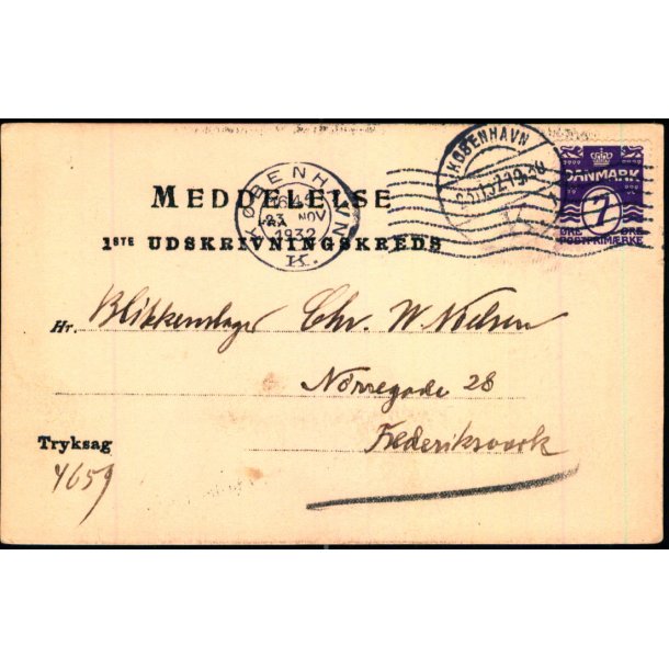 1 ste Udskrivningskreds - 14.Bataillons Granisionskop. Slagelse - Tryksag 4659 - Brugt