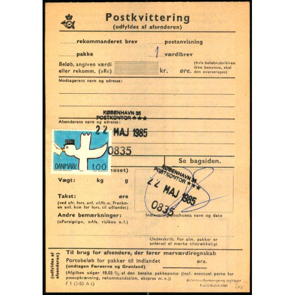 Postkvittering - Vrdibrev - 22 - 5 - 85