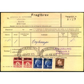 Fragtbrev - 2x5 re Blge 2x100 re M - 50 re Fr. IX Prov. - Fra Esbjerg til Fan 27. Feb. 1975