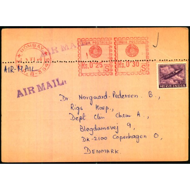 Luftpost Kort fra Indien til Danmark - 30 - 5 - 74