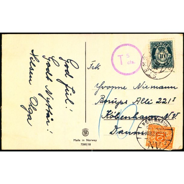 Efterporto - Postkort fra Norge til Kbenhavn  18 - 12 - 51